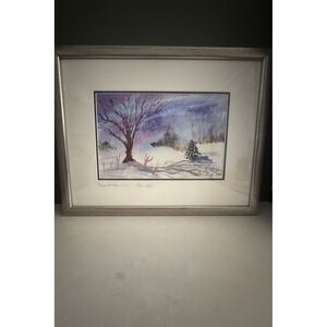Original Winter Watercolor Framed Snow Landscape Vintage Cottage Art signed